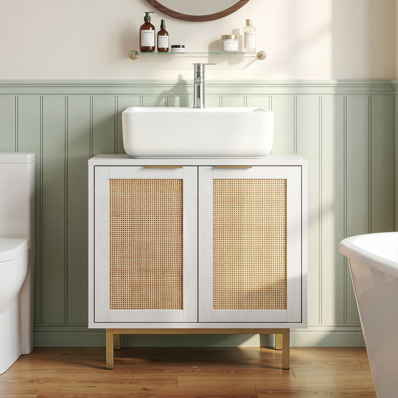Modern Bathroom Vanity Cabinet with Rattan Doors and Cut-Out image number 1
