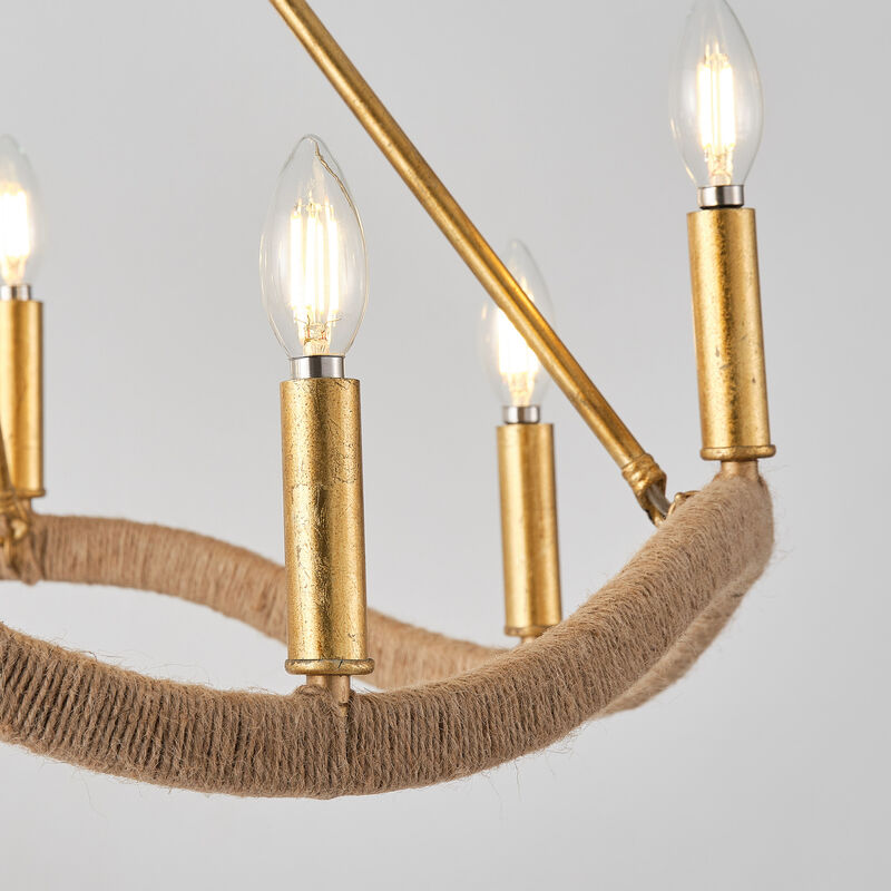 8-Light Bohemian Gold Natural Jute Large Candle Chandelier