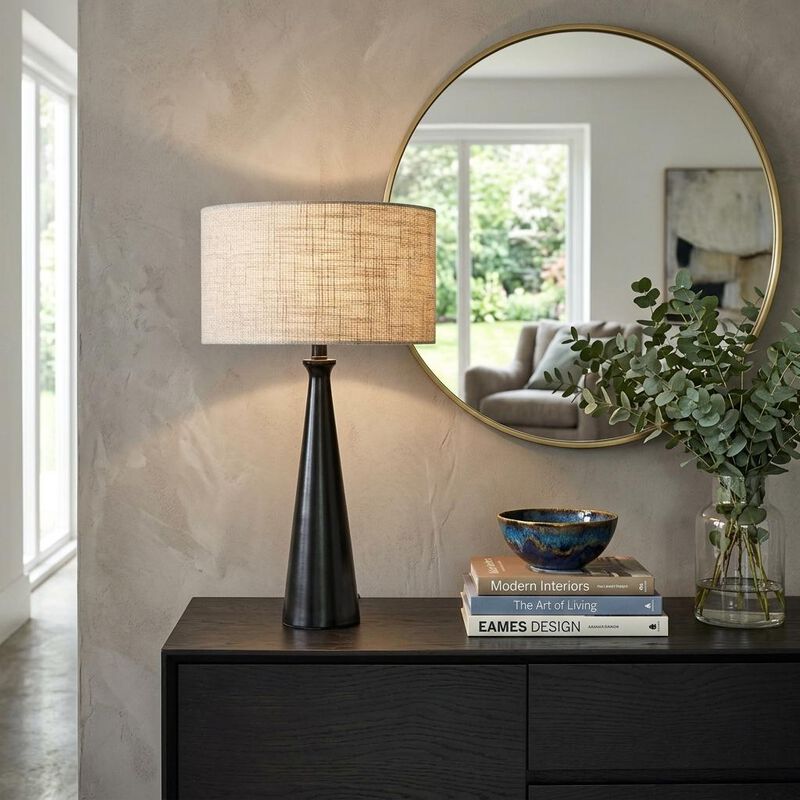 HomeRoots 22" Black Metal Geo Triangle Table Lamp With Beige Drum Shade image number 1