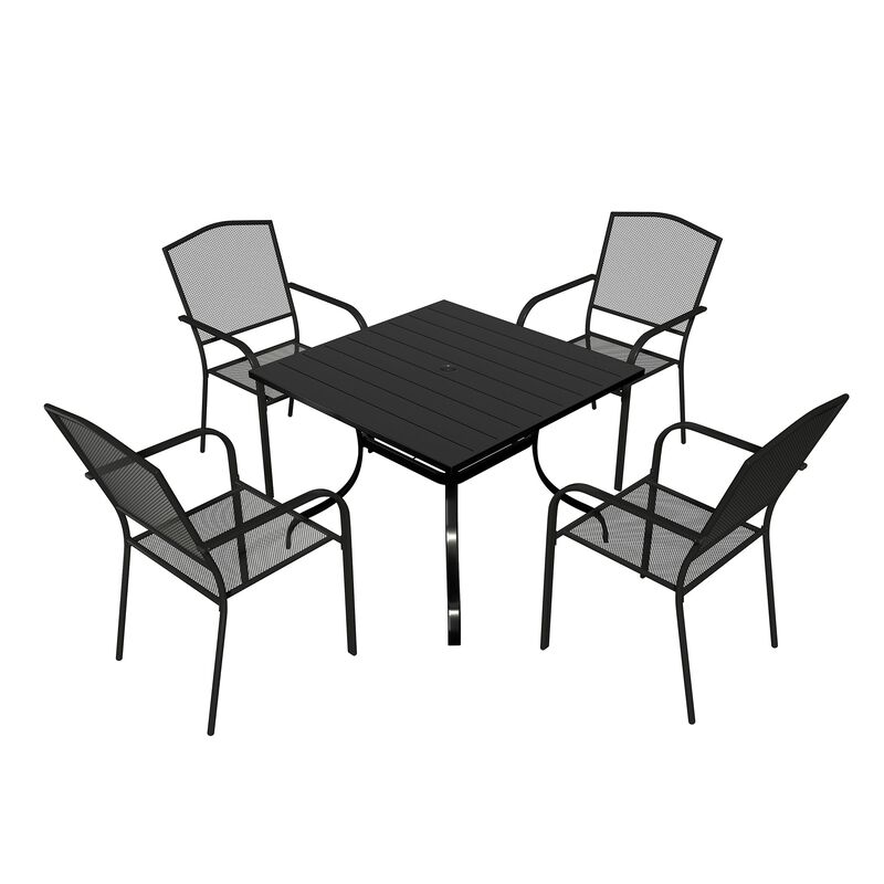 MONDAWE 5-Piece Sqare Steel Table And Steel Mesh Dining Chair Set With 4 Pcs Steel Mesh Dining Chairs, Black,Purchase Set Limited Time Get A Free Parasol(Random Styles&Colors)
