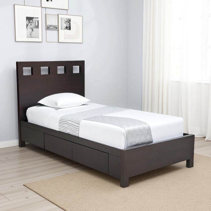 Yee King Storage Bed, Espresso Brown Finish, 4 Drawers, Cut Out Headboard - Benzara