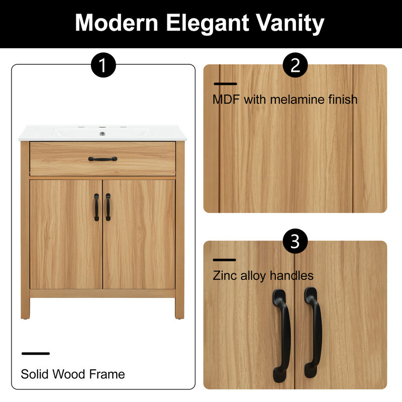 Whisen 30" Modern Bathroom Vanity Combo with Ceramic sink, 2 Soft-Close Doors