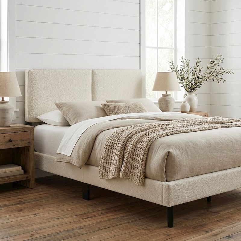 Boucle Fabric Queen Headboard in Neutral Tone, Plush Upholstery, Sturdy Frame image number 2