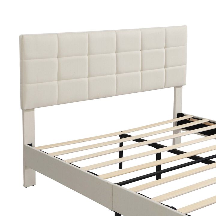 Queen Size Platform Bed Frame with Fabric Upholstered Headboard and Wooden Slats, No Box Spring Needed/Easy Assembly, Beige