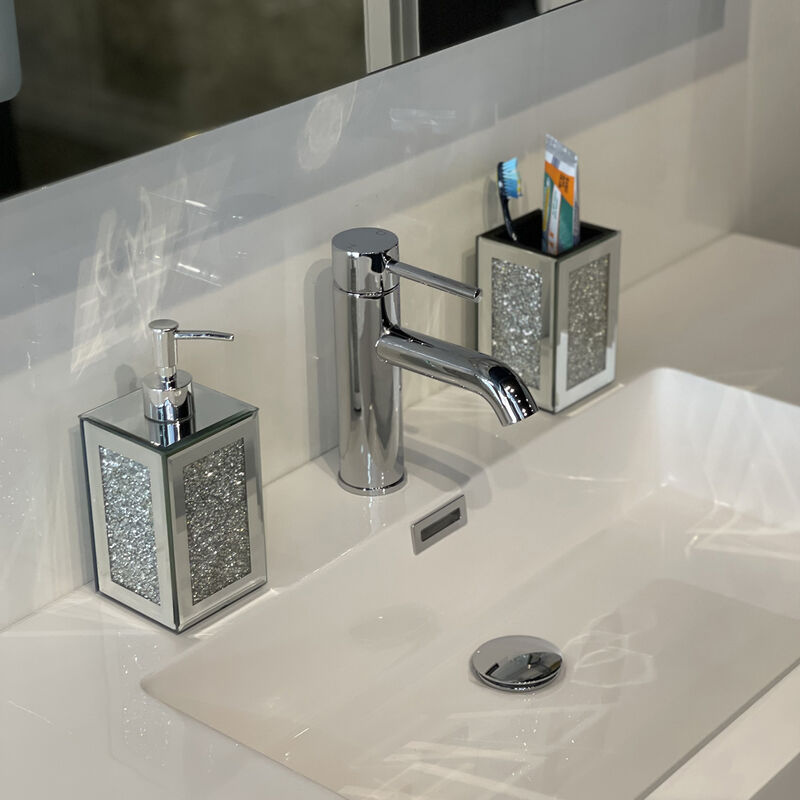 Ambrose Exquisite 2 Piece Square Soap Dispenser and Toothbrush Holder in Silver