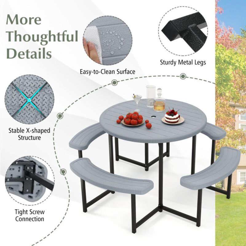 Hivvago Round Picnic Table Bench Set with 4 Benches and Umbrella Hole for Patio Lawn