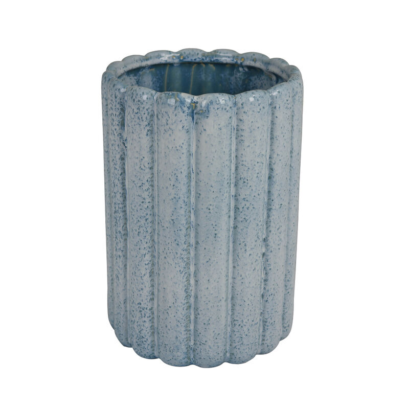 Scalloped Planter, Cylindrical Shape, Speckled Blue Ceramic 11 Inch image number 2