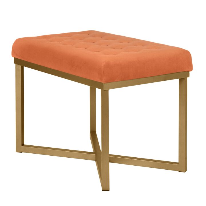 Metal Framed Bench with Button Tufted Velvet Upholstered Seat, Orange and Gold - Benzara