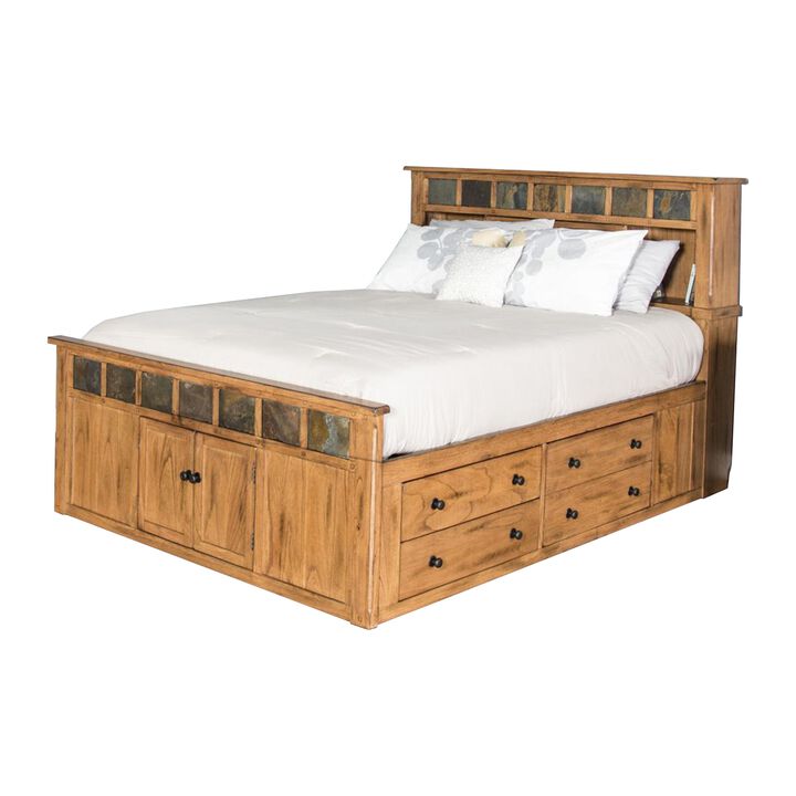 Marv Queen Size Bed, Storage Footboard Bookcase Headboard, Light Brown - Benzara