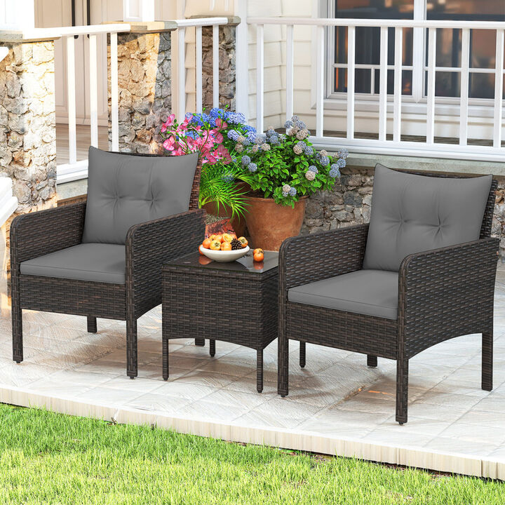 3-Piece Patio Wicker Furniture Set with Cushions for Balcony and Porch