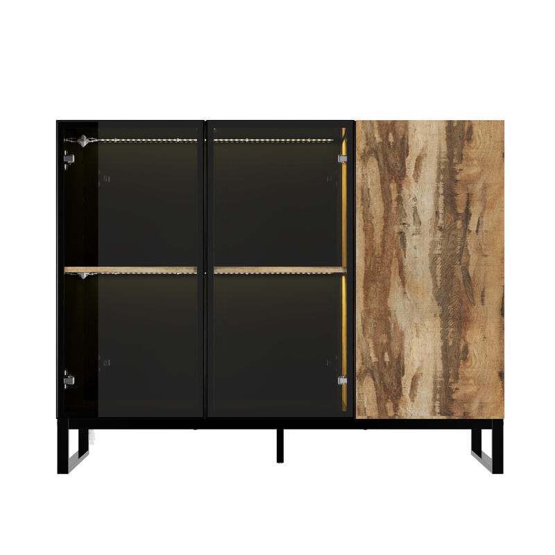 FUFU&GAGA Modern 3-Door Display Cabinet with Glass Fronts Wood Accent and Multi-Color LED Lighting 47.2 in. L x 16.1 in. W x 37.4 in. H Black
