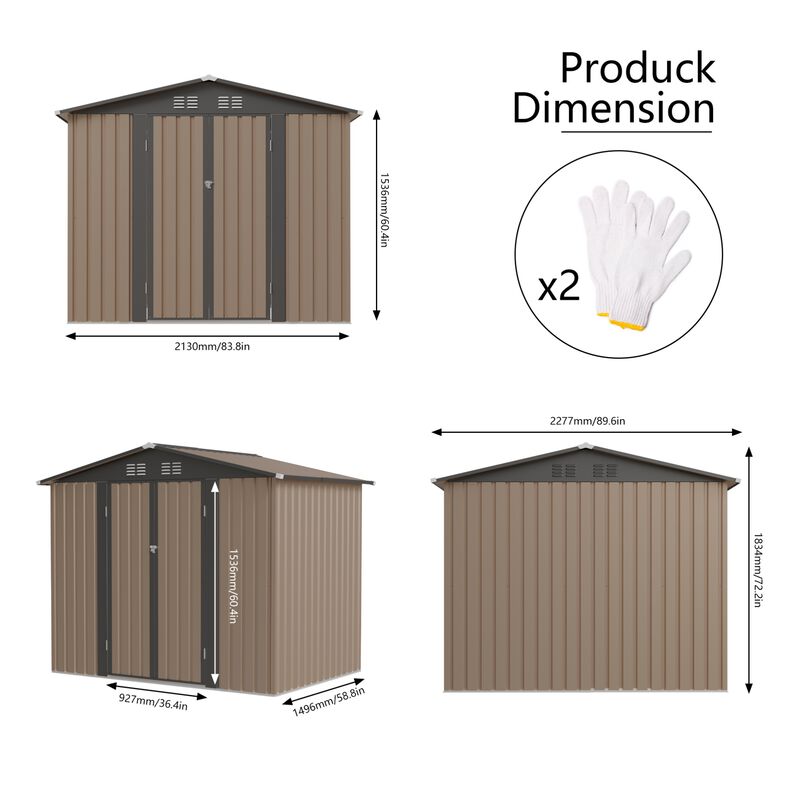 WOW PIONEER 8FT x 6FT Galvanized Steel Garden Shed with Apex Roof Weather Resistant Spacious Outdoor Storage for Patio Backyard Tools and Equipment image number 2