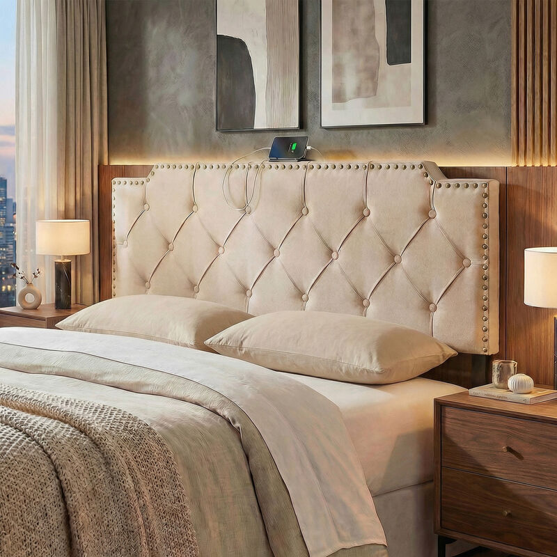Queen Full Size Upholstered Headboard with Vertical Quilted Linen Fabric image number 6