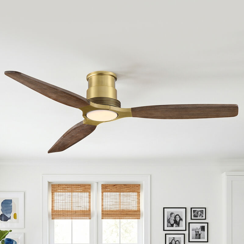 56" Mid Century Soft Brass Low Profile Solid Wood Reversible DC Motor Dimmable LED 6 Speed Flush Mount Ceiling Fan with Light and Remote image number 1