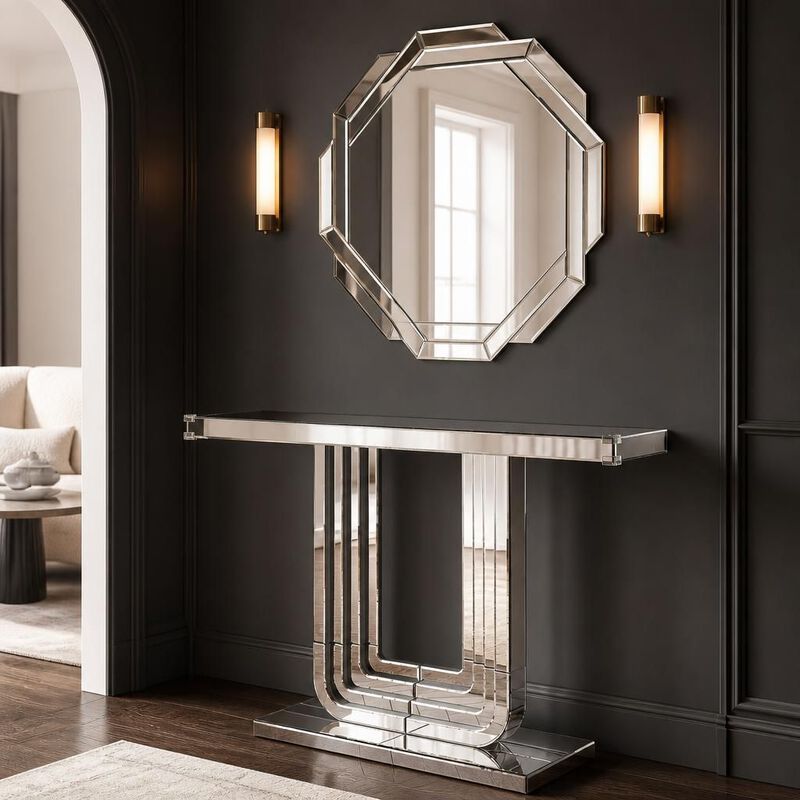 GOODSILO Mirrored Console Table with U Base and Hand-Spliced Line Design, Ideal Accent Furniture for Entryway, Living Room, Hallway and Foyer, 47 Inch image number 3