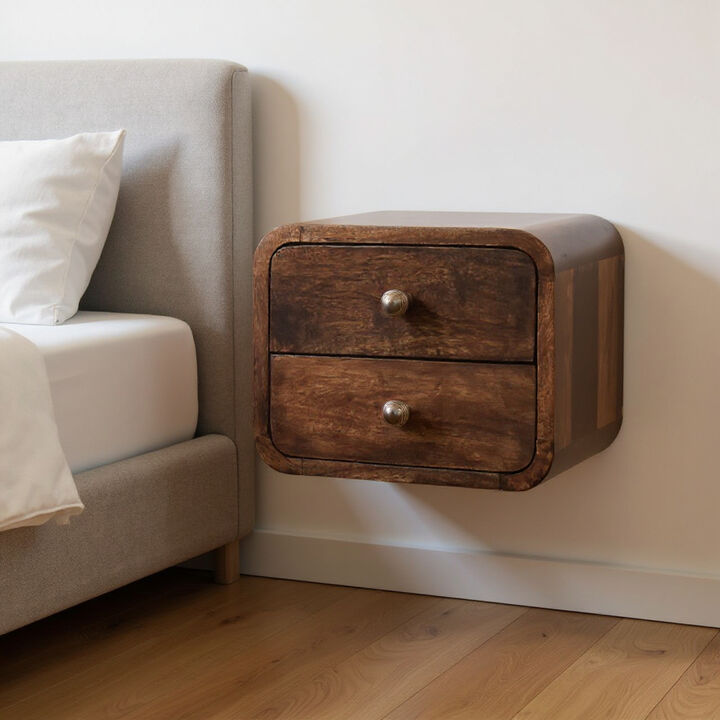 HomeRoots 12" Walnut Solid Wood Square Two Drawer Floating Nightstand