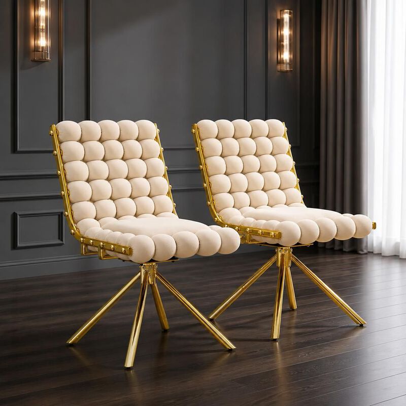 GOODSILO Set of Two Modern Tufted Puffy Bubble Velvet Dining Accent Swivel Chairs with Metal Legs for Dining Room and Kitchen image number 2