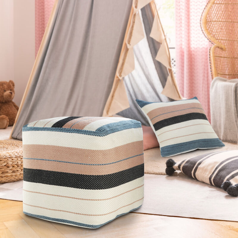 Indoor Outdoor Polyester Striped Pouf Ottoman for Seating and Home Decor
