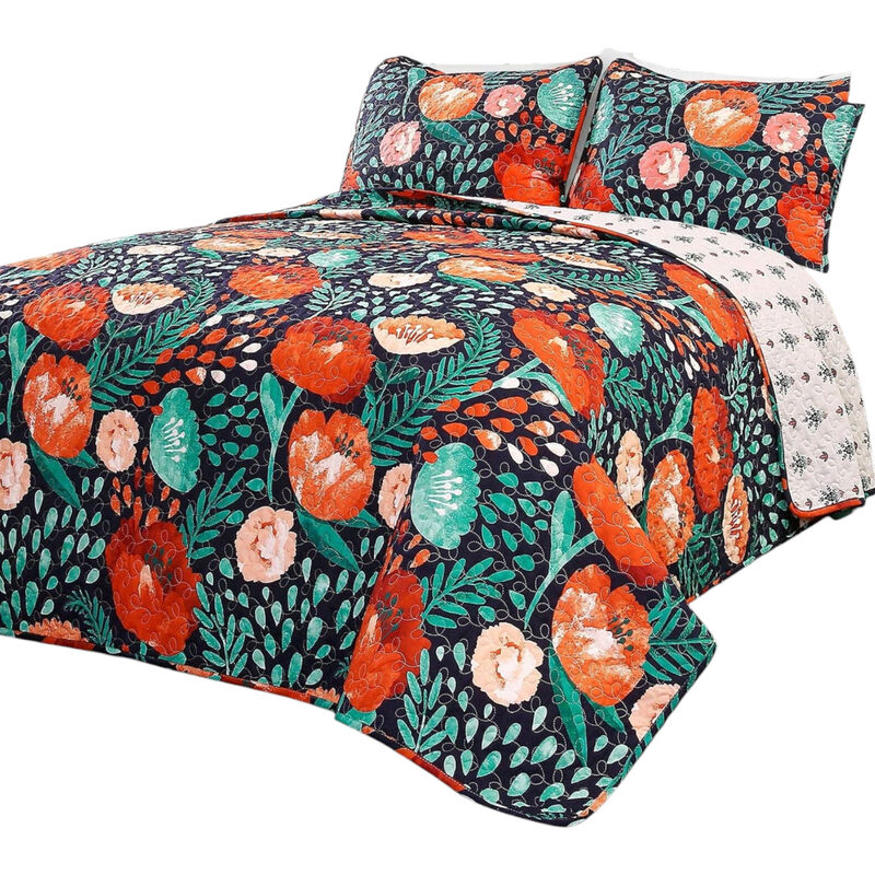 3-Piece Boho Floral Poppy Quilt Set in Lightweight Cotton – Reversible Bedding For Bedroom