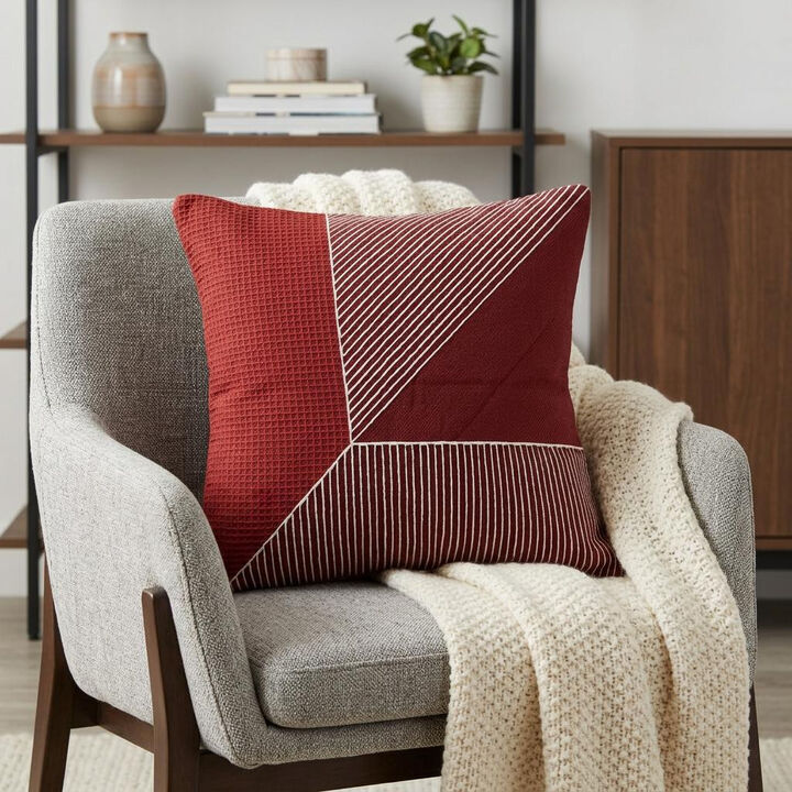 HomeRoots 24" Red and White Geometric Cotton Throw Pillow With Embroidery
