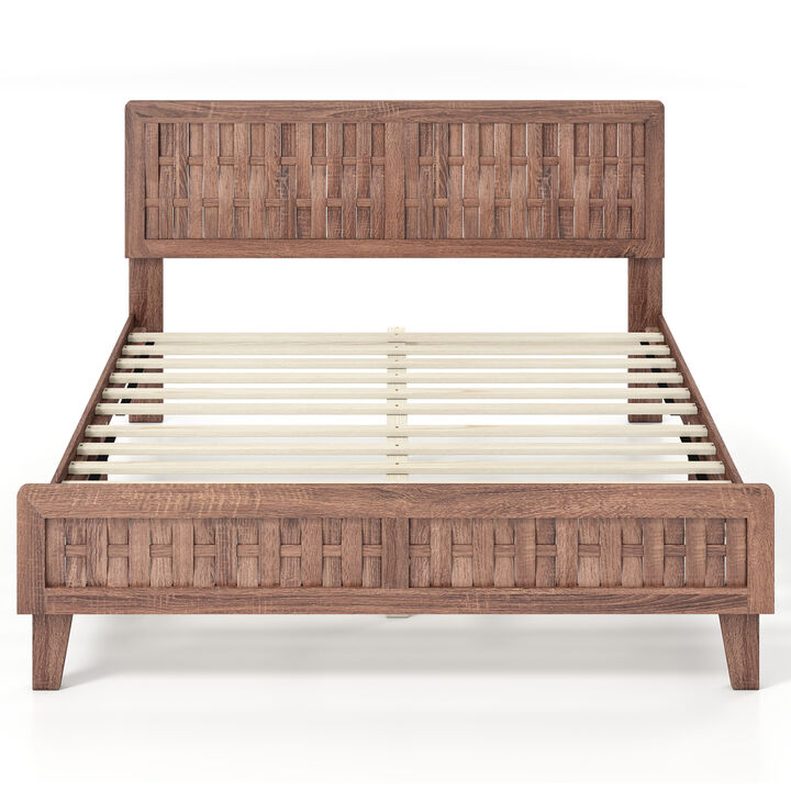 Wooden Bed Frame with Woven Accent Headboard for Modern Bedroom-Walnut
