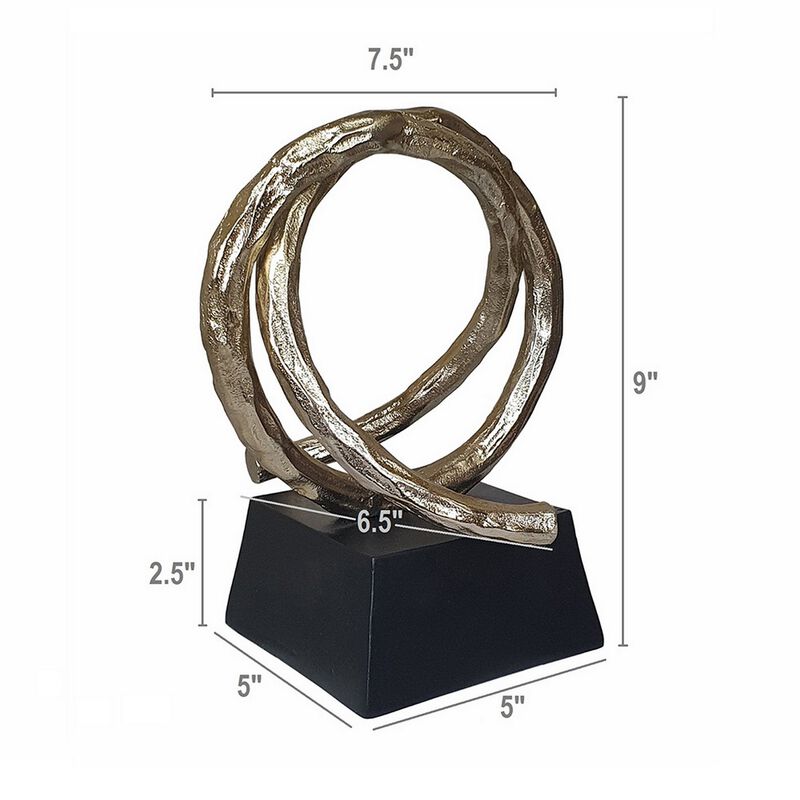 10 Inch Modern Table Sculpture, Bright Gold Aluminum, Intertwined Ring Loop - Benzara