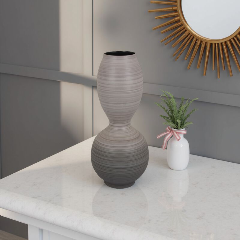 Modern Flower Vase, Double Bulb Ombre Textured Gray Ceramic, 17 Inch - Benzara