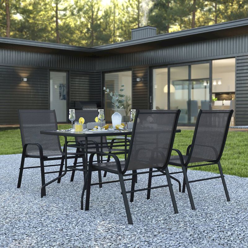 Flash Furniture 5 Piece Set - 55" Tempered Glass Patio Table, 4 Gray Stack Chairs image number 8