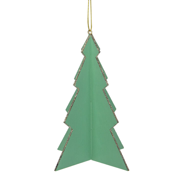 5.25" Green 3D Tree With Silver Glitter Wooden Christmas Ornament