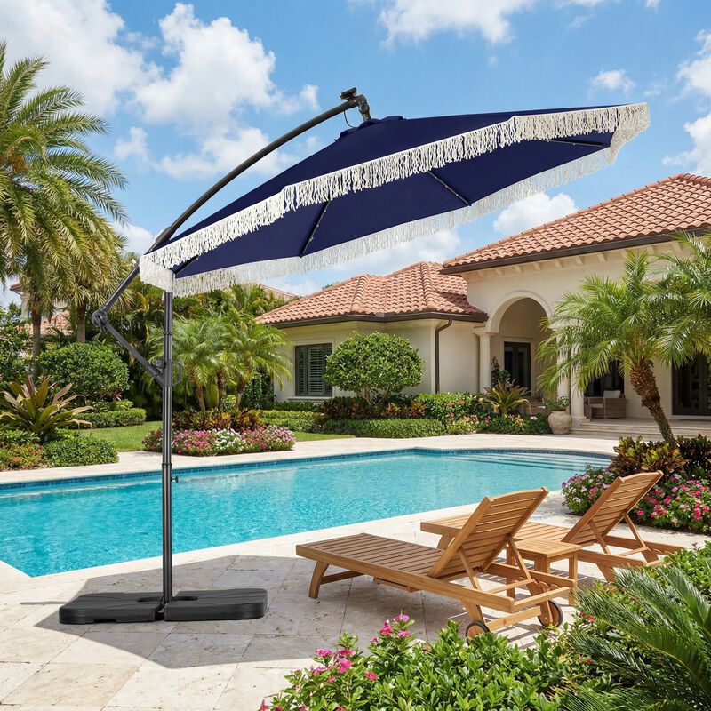 10 foot offset patio umbrella with rotation 10FT Square Cantilever 32 Solar LED Lights Infinite Tilt and 360 Flexible Rotation Clihome 10 ft. Cantilever Tassel