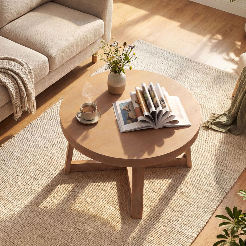 30" Natural Round Coffee Table with Sturdy Rubber Wood Legs, Farmhouse Style image number 4