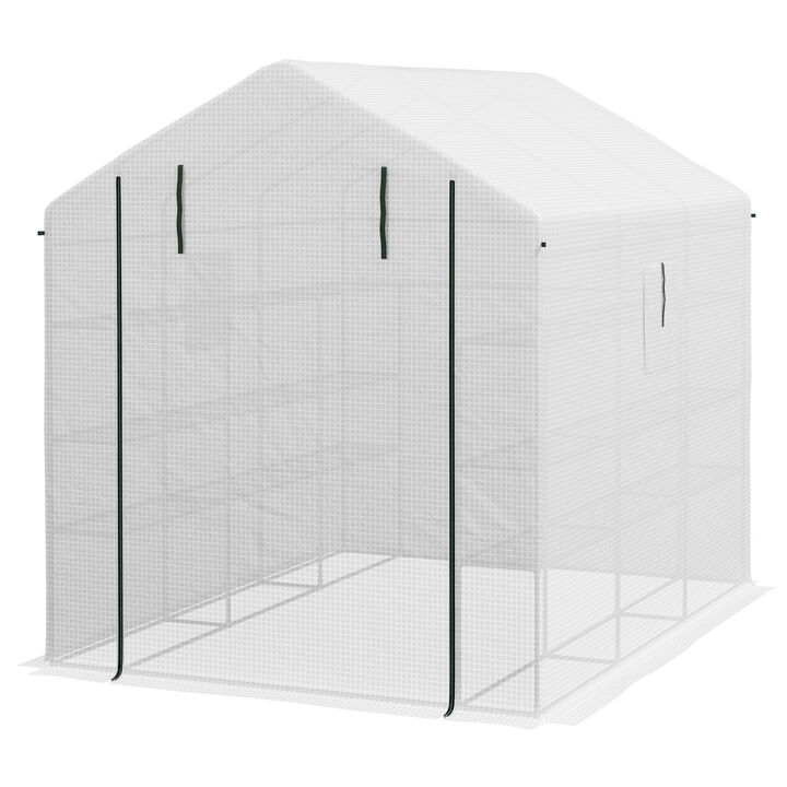 Outsunny 8' x 6' x 7' Walk-in Greenhouse, PE Cover, 4-Tier Shelves, Steel Frame Hot house, Roll-Up Zipper Door for Flowers, Vegetables, Saplings, Tropical Plants, White