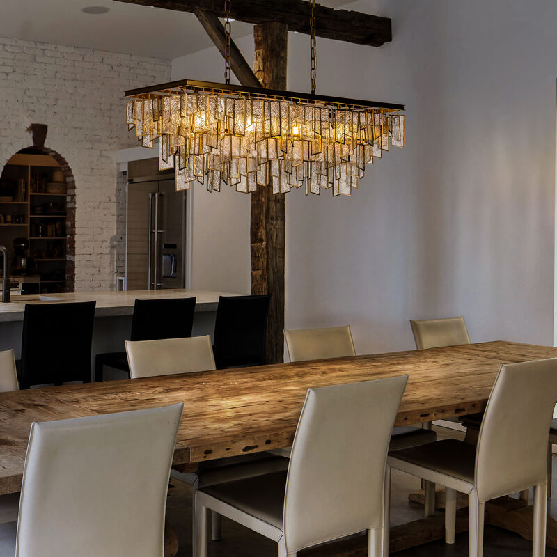 4-Light Vintage Antique Gold Rectangular Tiered Chandelier for Dining Room with Water Ripple Glass Shade image number 3