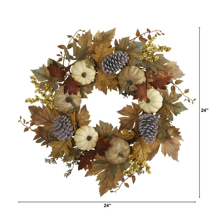 HomPlanti 24" Fall Pumpkins, Pine Cones and Berries Artificial Wreath