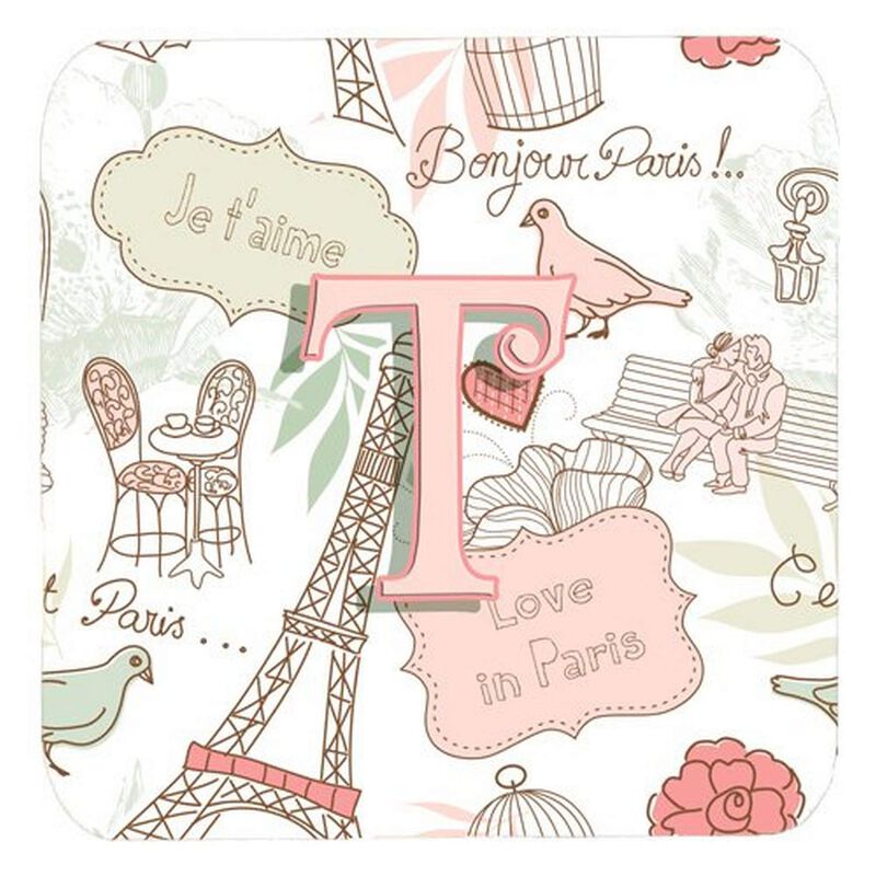 Caroline's Treasures CJ2002-TFC Letter T Love in Paris Pink Foam Coasters (Set of 4), 3.5, Multicolor