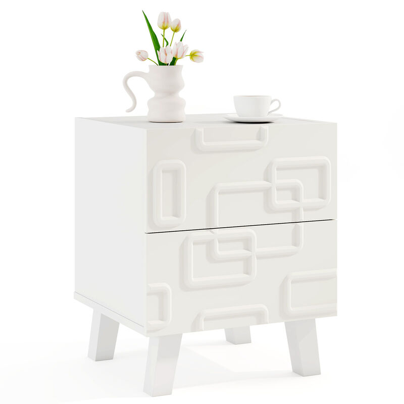 Modern Nightstand Side Table with Drawers and 3D Geometric Patterns for Bedroom