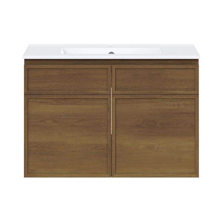 30" Wall-Mounted Bathroom Vanity in Brown Oak with 3-Hole Widespread Sink Top