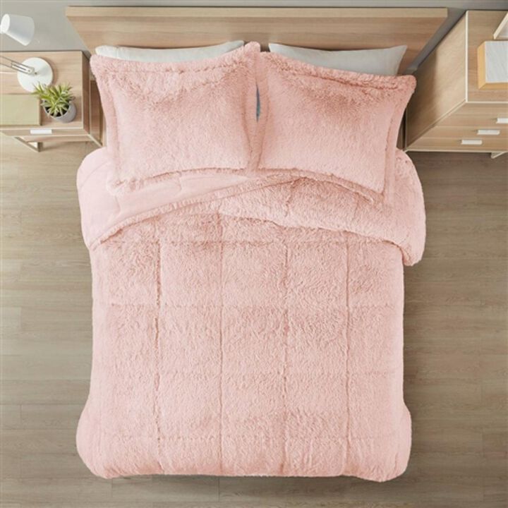 Full/Queen Pink Blush Soft Sherpa Faux Fur 3 Piece Comforter Set