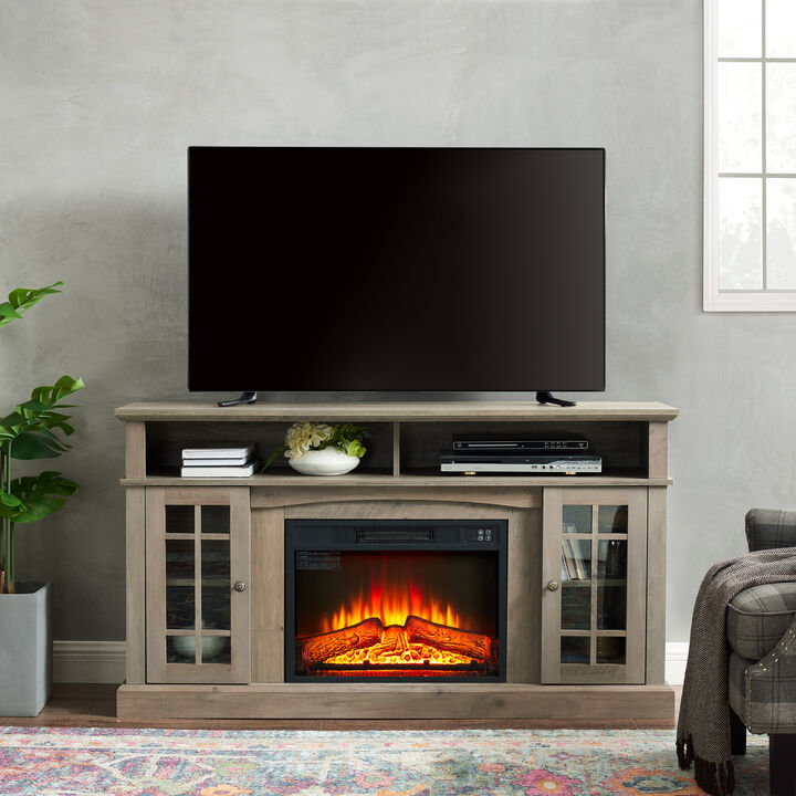 Mondawe Farmhouse Rattan TV Stand Console With Fireplace, Suitable For Storage Of TV Under 70 Inches