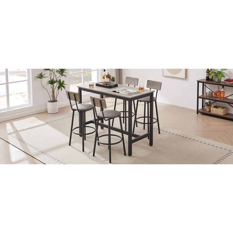 Bar Table Set with 4 Bar stools PU Soft seat with backrest, Grey, 47.24" L x 23.62" W x 35.43" H