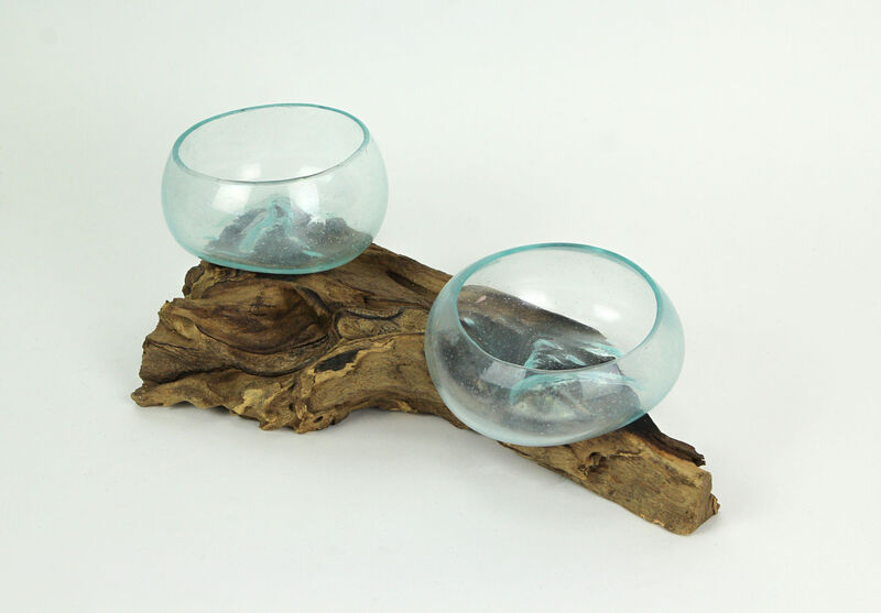 Molten Glass On Coffee Wood Root Double Decorative Bowl Vase Plant Terrarium image number 2
