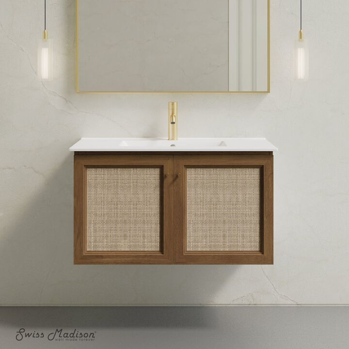 36" Wall-Mounted Bathroom Vanity in Brown Oak with Single Faucet Hole Vanity Top
