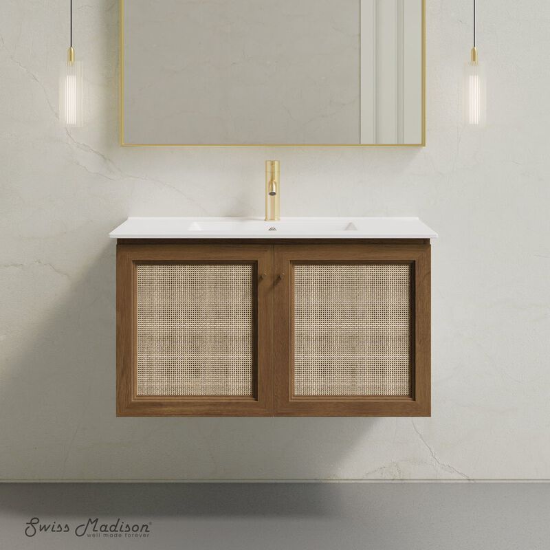 36" Wall-Mounted Bathroom Vanity in Brown Oak with Single Faucet Hole Vanity Top image number 1