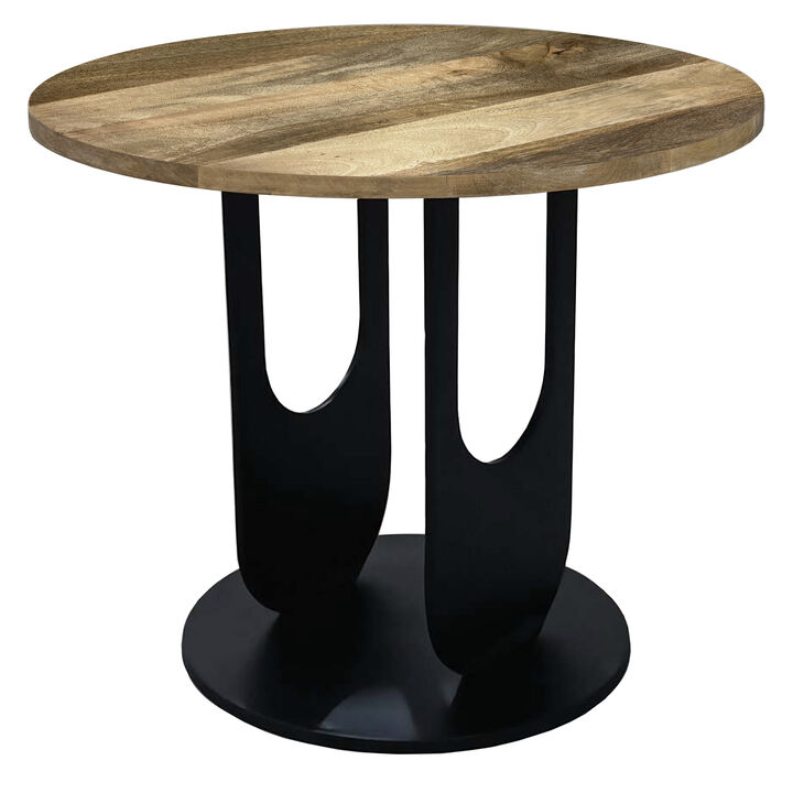 22 Inch Side End Table, Round Natural Mango Wood Top,  Black Iron U Shaped Legs