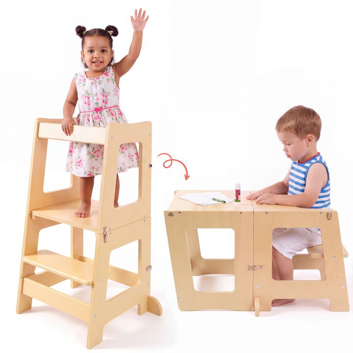 Stepup Baby&reg; 2 in 1 Convertible Toddler Tower - Varnish | Standing Tower Converts into Table Made from 18mm Birch Plywood for Ages 2&ndash;6