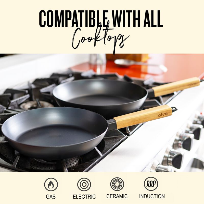 Alva Forest 4-Piece Professional Carbon Steel Cookware Set - Pre-Seasoned Non-Toxic Frying Pans, Wok - Chemical-Free, Traditional Cooking Surface - All Stovetop Compatible, Fast-Heating