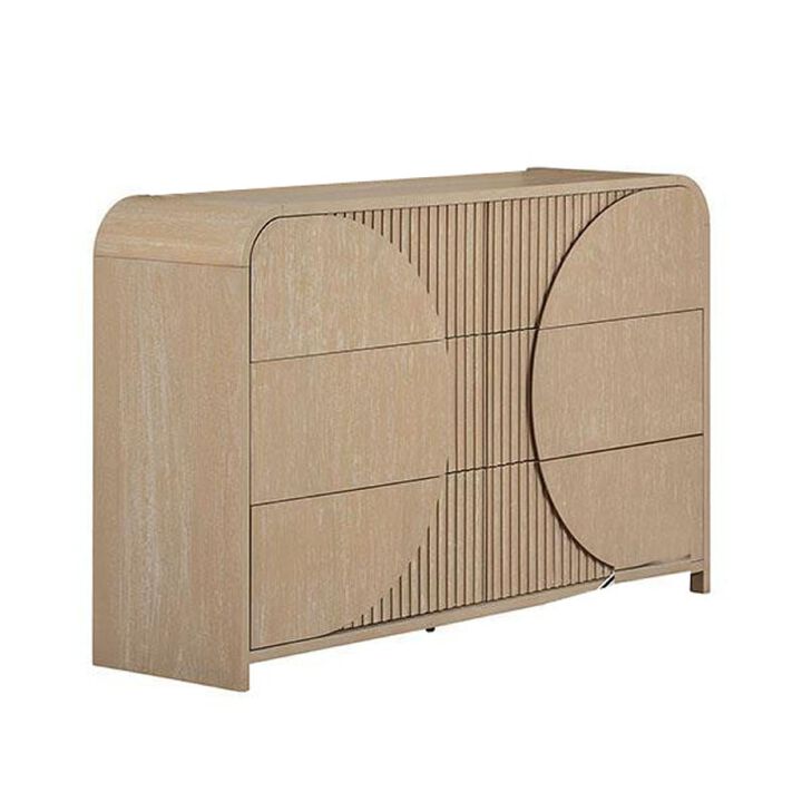 Tanya Wide Dresser, 4 Drawers, Retro Reeded Panels, Natural Brown Wood