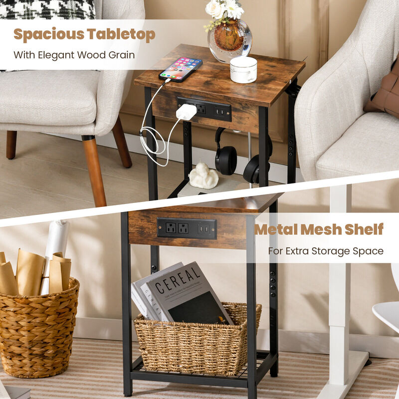 2 Pieces Bedside Nightstand Set with Open Shelf and Charging Station-Rustic Brown