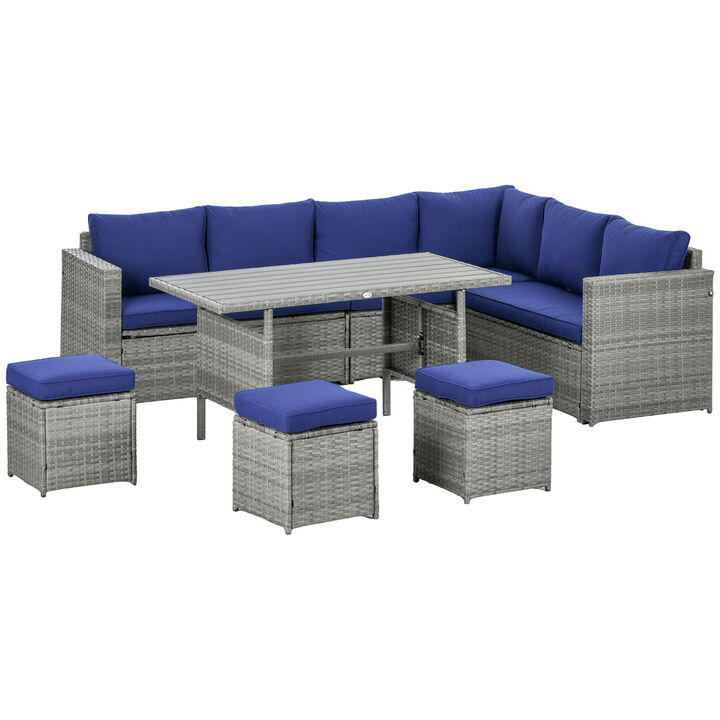 Outsunny 7 Piece Rattan Outdoor Patio Furniture Set, L-Shaped Sectional Sofa Conversation Set with Loveseats, Ottomans, Dining Table, Cushions, Storage, Dark Blue
