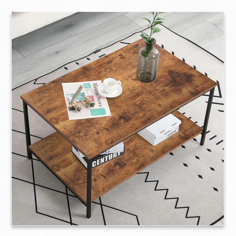 SENIG Small Brown Rectangle Wood and Metal Coffee Table with Storage Shelf for Small Living Rooms